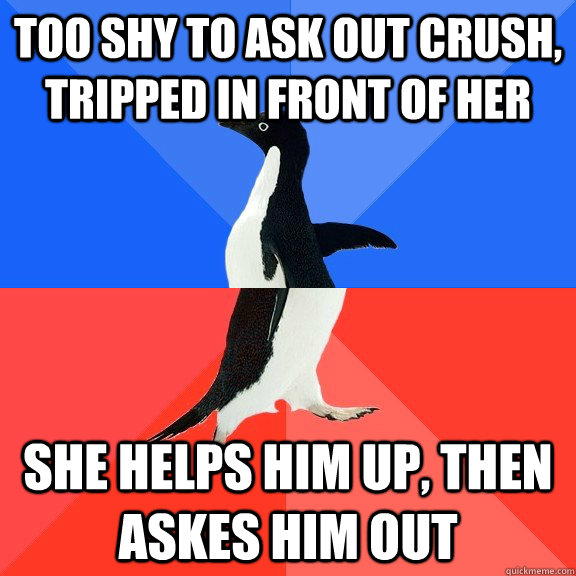 Too shy to ask out crush, tripped in front of her she helps him up, then askes him out  Socially Awkward Awesome Penguin