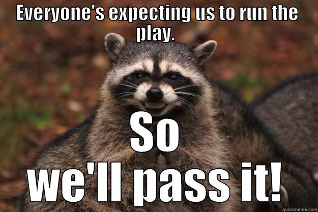 EVERYONE'S EXPECTING US TO RUN THE PLAY.  SO WE'LL PASS IT! Evil Plotting Raccoon