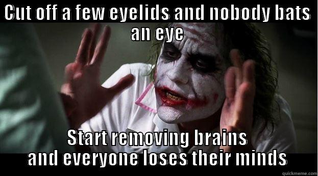 CUT OFF A FEW EYELIDS AND NOBODY BATS AN EYE START REMOVING BRAINS AND EVERYONE LOSES THEIR MINDS Joker Mind Loss