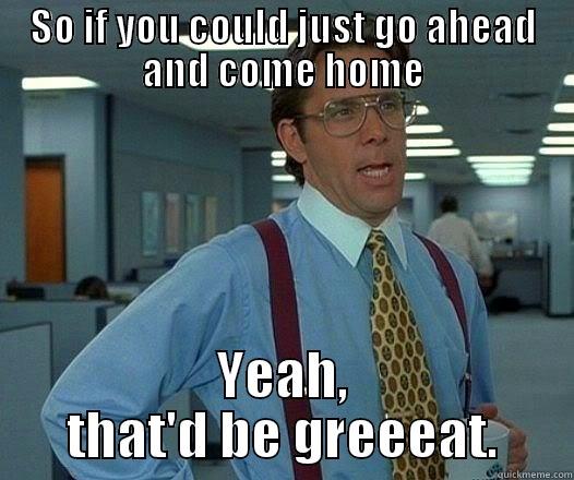 SO IF YOU COULD JUST GO AHEAD AND COME HOME YEAH, THAT'D BE GREEEAT. Office Space Lumbergh