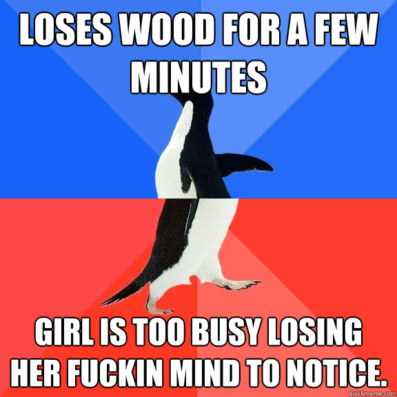 Loses wood for a few minutes Girl is too busy losing her fuckin mind to notice.  Socially Awkward Awesome Penguin