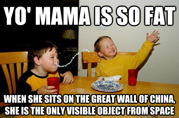 yo' mama is so fat  when she sits on the Great wall of China, she is the only visible object from space   yo mama is so fat