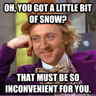 Oh, you got a little bit of snow? That must be so inconvenient for you.  - Oh, you got a little bit of snow? That must be so inconvenient for you.   Condescending Wonka