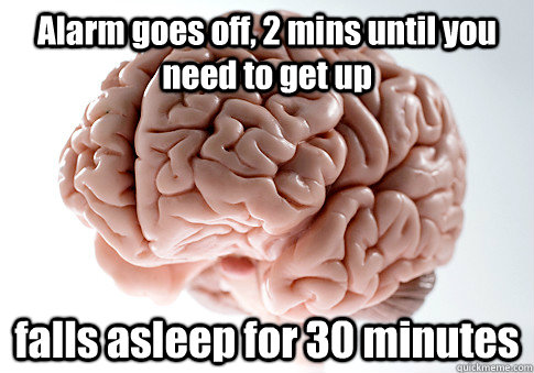 Alarm goes off, 2 mins until you need to get up falls asleep for 30 minutes   Scumbag Brain