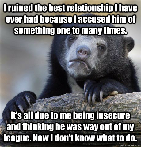 I ruined the best relationship I have ever had because I accused him of something one to many times. It's all due to me being insecure and thinking he was way out of my league. Now I don't know what to do.  Confession Bear