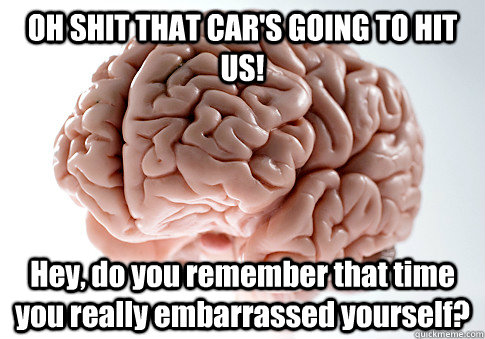 OH SHIT THAT CAR'S GOING TO HIT US! Hey, do you remember that time you really embarrassed yourself? - OH SHIT THAT CAR'S GOING TO HIT US! Hey, do you remember that time you really embarrassed yourself?  Scumbag Brain