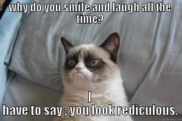 WHY DO YOU SMILE AND LAUGH ALL THE TIME? I HAVE TO SAY ; YOU LOOK REDICULOUS. Grumpy Cat