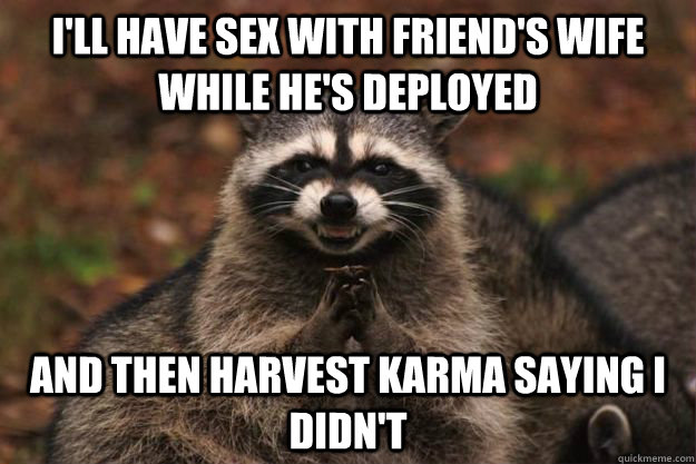 I'll have sex with friend's wife while he's deployed And then harvest karma saying I didn't  Evil Plotting Raccoon