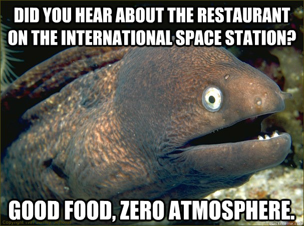 Did you hear about the restaurant on the international space station? Good food, zero atmosphere. - Did you hear about the restaurant on the international space station? Good food, zero atmosphere.  Bad Joke Eel