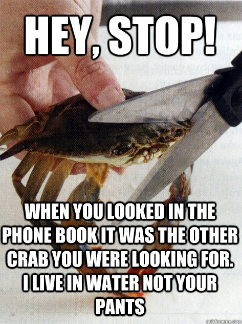 Hey, Stop! when you looked in the phone book it was the other crab you were looking for.  I live in water not your pants  Optimistic Crab