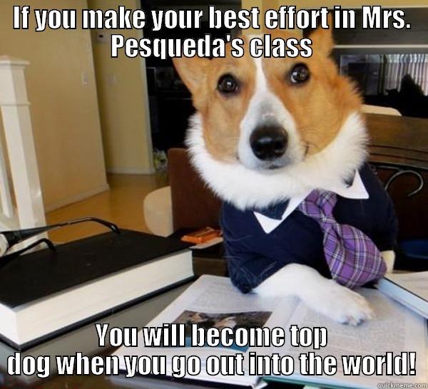 IF YOU MAKE YOUR BEST EFFORT IN MRS. PESQUEDA'S CLASS YOU WILL BECOME TOP DOG WHEN YOU GO OUT INTO THE WORLD! Lawyer Dog