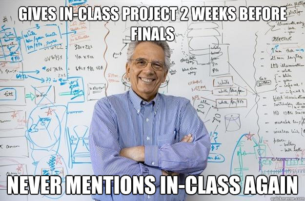 gives in-class project 2 weeks before finals never mentions in-class again - gives in-class project 2 weeks before finals never mentions in-class again  Engineering Professor