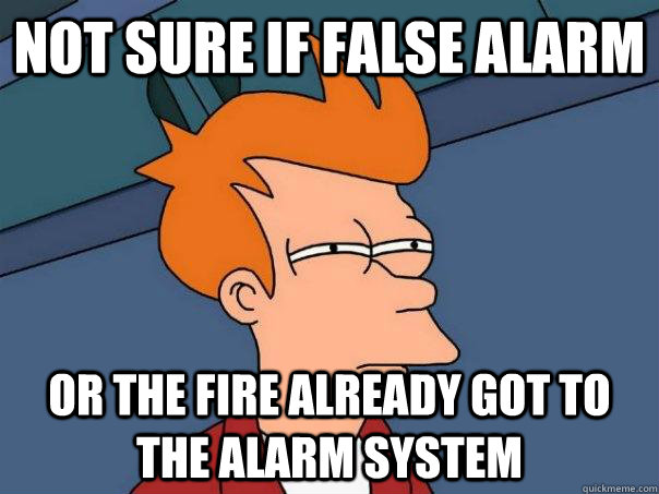 not sure if false alarm or the fire already got to the alarm system  Futurama Fry