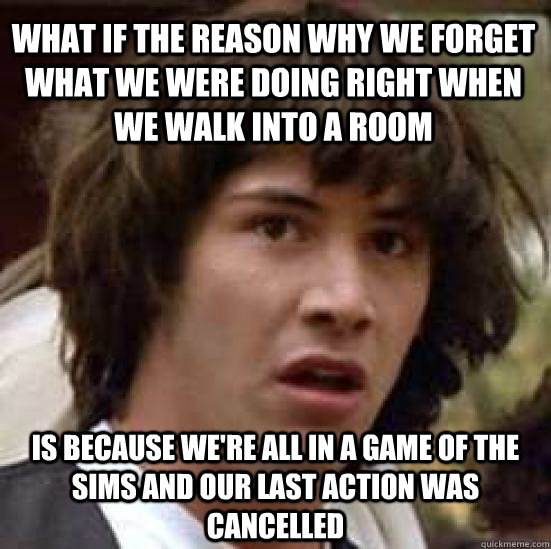 What if the reason why we forget what we were doing right when we walk into a room is because we're all in a game of the sims and our last action was cancelled  conspiracy keanu