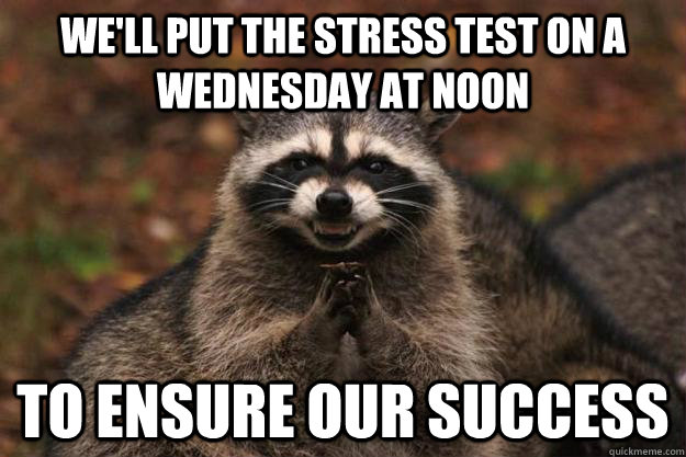 we'll put the stress test on a wednesday at noon to ensure our success - we'll put the stress test on a wednesday at noon to ensure our success  Evil Plotting Raccoon