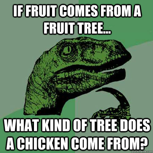 if fruit comes from a fruit tree... what kind of tree does a chicken come from?  Philosoraptor