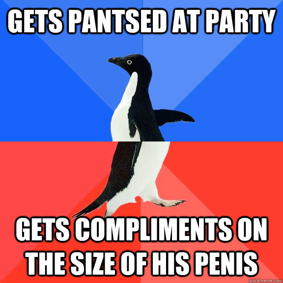 Gets pantsed at party Gets compliments on the size of his penis  Socially Awkward Awesome Penguin