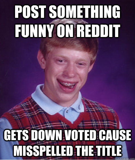 Post something funny on Reddit gets down voted cause misspelled the title - Post something funny on Reddit gets down voted cause misspelled the title  Bad Luck Brian