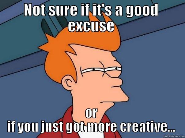 NOT SURE IF IT'S A GOOD EXCUSE OR IF YOU JUST GOT MORE CREATIVE... Futurama Fry