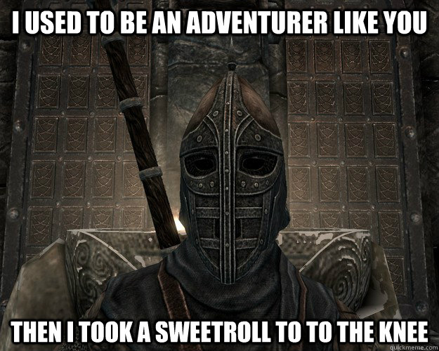 I used to be an adventurer like you Then I took a sweetroll to to the knee - I used to be an adventurer like you Then I took a sweetroll to to the knee  Skyrim City Guard