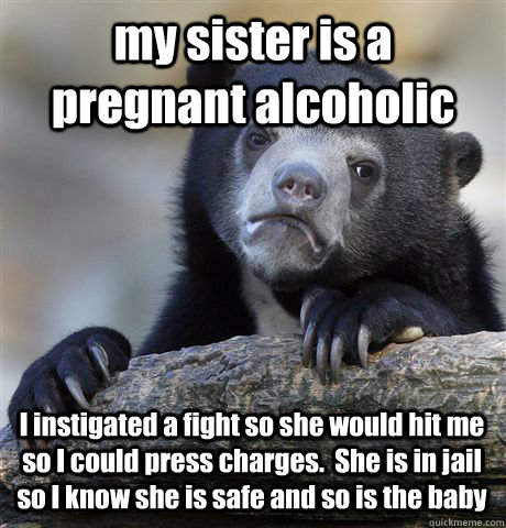 my sister is a pregnant alcoholic I instigated a fight so she would hit me so I could press charges.  She is in jail so I know she is safe and so is the baby - my sister is a pregnant alcoholic I instigated a fight so she would hit me so I could press charges.  She is in jail so I know she is safe and so is the baby  Confession Bear