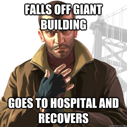 falls off giant building goes to hospital and recovers  