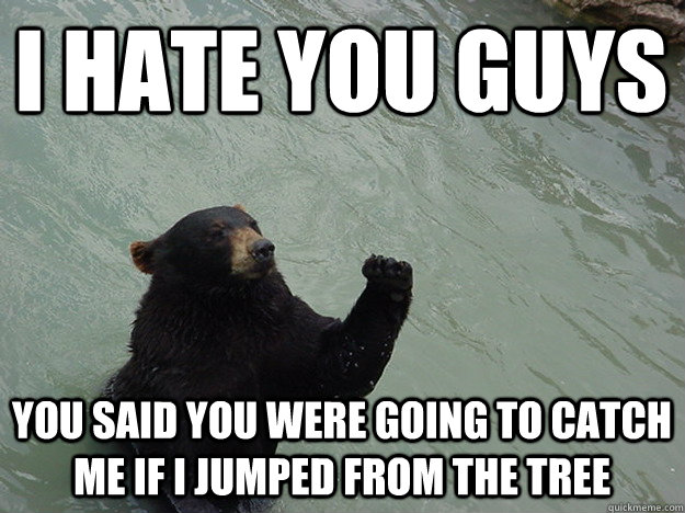 i hate you guys you said you were going to catch me if i jumped from the tree  Vengeful Bear