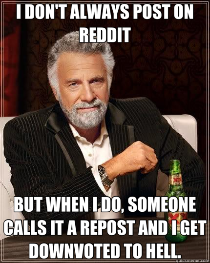 I DON'T ALWAYS POST ON REDDIT BUT WHEN I DO, SOMEONE CALLS IT A REPOST AND I GET DOWNVOTED TO HELL.  The Most Interesting Man In The World