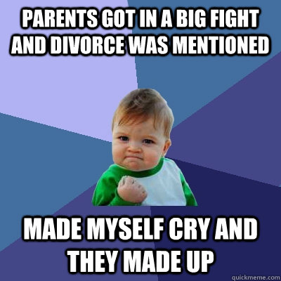 Parents got in a big fight and divorce was mentioned Made myself cry and they made up  Success Kid