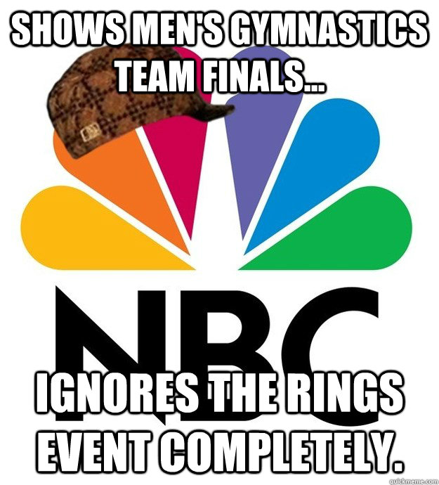 Shows Men's Gymnastics Team Finals... Ignores the rings event completely.  Scumbag NBC