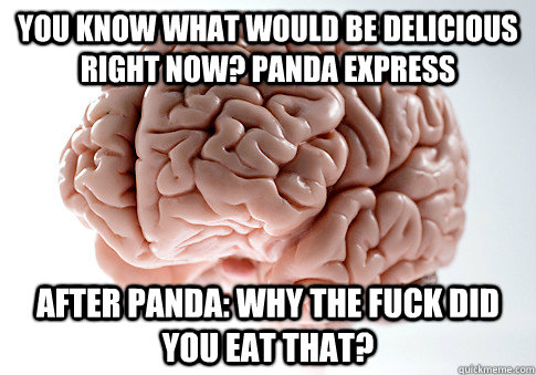 You know what would be delicious right now? Panda express After Panda: why the fuck did you eat that?  Scumbag Brain