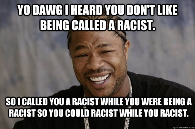 Yo Dawg I heard you don't like being called a racist. So I called you a racist while you were being a racist so you could racist while you racist.  Xzibit meme 2