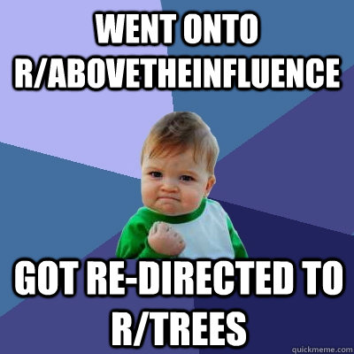 Went onto r/Abovetheinfluence got re-directed to r/trees  Success Kid