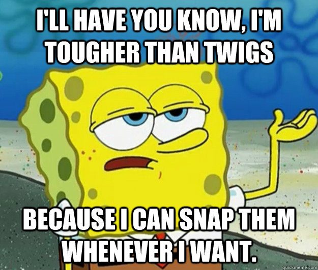 I'll have you know, i'm tougher than twigs because i can snap them whenever i want. - I'll have you know, i'm tougher than twigs because i can snap them whenever i want.  Tough Spongebob