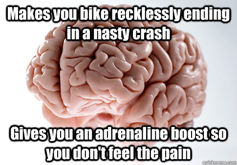 Makes you bike recklessly ending in a nasty crash Gives you an adrenaline boost so you don't feel the pain  - Makes you bike recklessly ending in a nasty crash Gives you an adrenaline boost so you don't feel the pain   Scumbag Brain