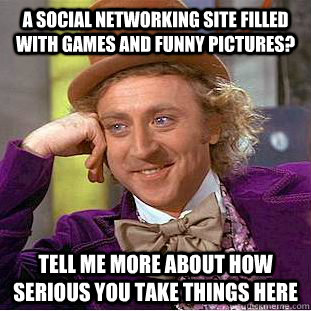 a social networking site filled with games and funny pictures? tell me more about how serious you take things here - a social networking site filled with games and funny pictures? tell me more about how serious you take things here  Condescending Wonka