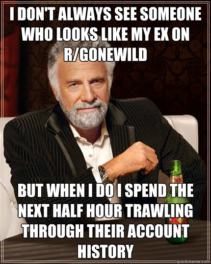 i don't always see someone who looks like my ex on r/gonewild but when i do i spend the next half hour trawling through their account history  The Most Interesting Man In The World