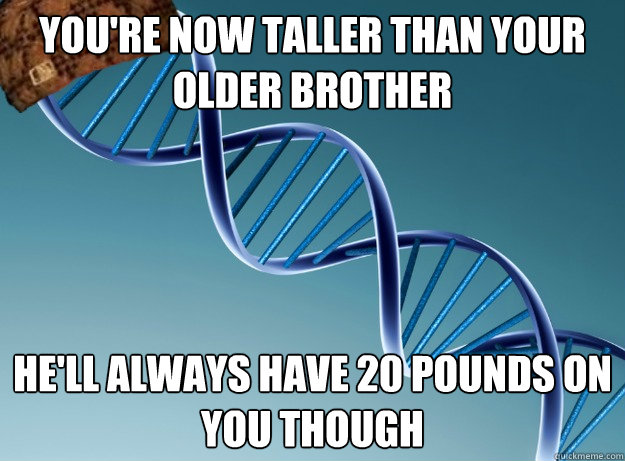 YOU'RE NOW TALLER THAN YOUR OLDER BROTHER HE'LL ALWAYS HAVE 20 POUNDS ON YOU THOUGH  Scumbag Genetics