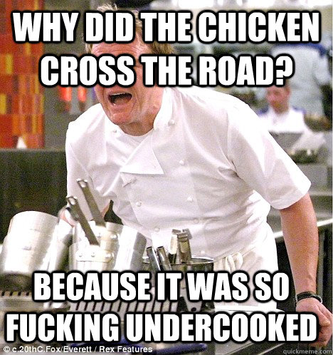 why did the chicken cross the road? because it was so fucking undercooked  gordon ramsay