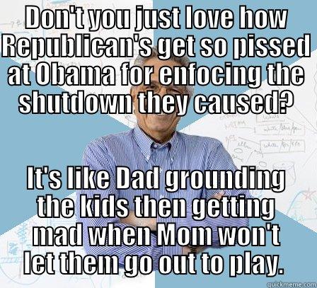 DON'T YOU JUST LOVE HOW REPUBLICAN'S GET SO PISSED AT OBAMA FOR ENFOCING THE SHUTDOWN THEY CAUSED? IT'S LIKE DAD GROUNDING THE KIDS THEN GETTING MAD WHEN MOM WON'T LET THEM GO OUT TO PLAY.  Engineering Professor