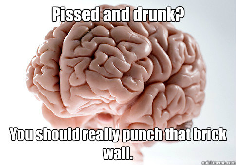 Pissed and drunk? You should really punch that brick wall.  Scumbag Brain