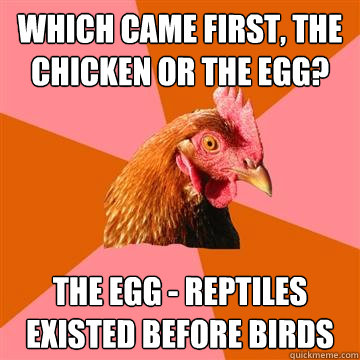 which came first, the chicken or the egg? The egg - reptiles existed before birds - which came first, the chicken or the egg? The egg - reptiles existed before birds  Anti-Joke Chicken