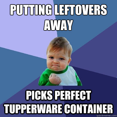 Putting leftovers away picks perfect tupperware container  Success Kid