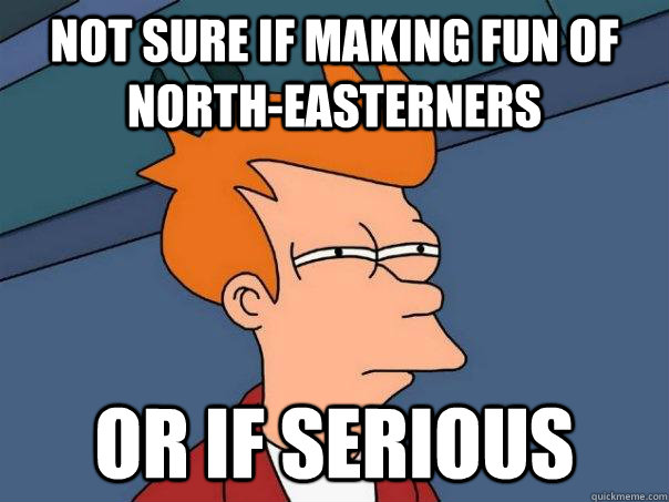 Not sure if making fun of north-easterners Or if serious - Not sure if making fun of north-easterners Or if serious  Futurama Fry