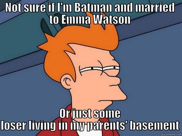 NOT SURE IF I'M BATMAN AND MARRIED TO EMMA WATSON OR JUST SOME LOSER LIVING IN MY PARENTS' BASEMENT Futurama Fry