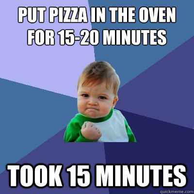 put pizza in the oven for 15-20 minutes took 15 minutes  Success Kid