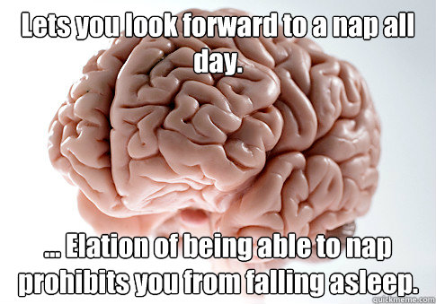 Lets you look forward to a nap all day. ... Elation of being able to nap prohibits you from falling asleep.   Scumbag Brain