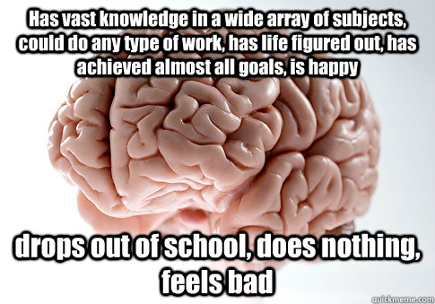 Has vast knowledge in a wide array of subjects, could do any type of work, has life figured out, has achieved almost all goals, is happy drops out of school, does nothing, feels bad   Scumbag Brain