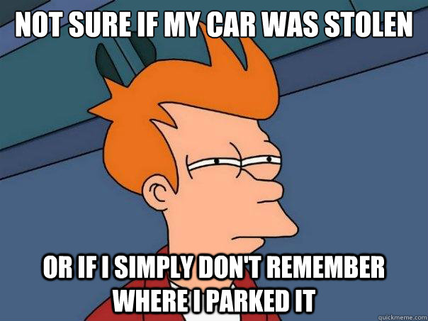 Not sure if my car was stolen Or if I simply don't remember where I parked it - Not sure if my car was stolen Or if I simply don't remember where I parked it  Futurama Fry