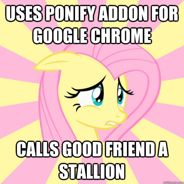 Uses ponify addon for google chrome calls good friend a stallion  Socially awkward brony